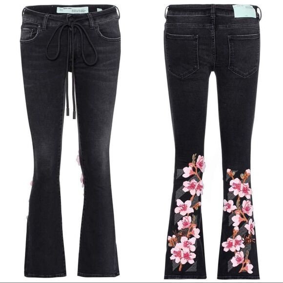 OFF-WHITE Diag Cherry flared jeans Vietag black Multi- Made in Italy 25” - Picture 2 of 11